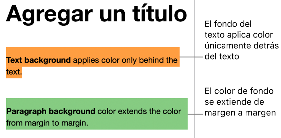 Un párrafo con color únicamente detrás del texto y un segundo párrafo con color por detrás que se extiende de margen a margen en un bloque.