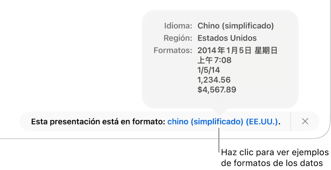 La notificación de la configuración de idioma y formato distinto, con ejemplos del formato en ese idioma y región.