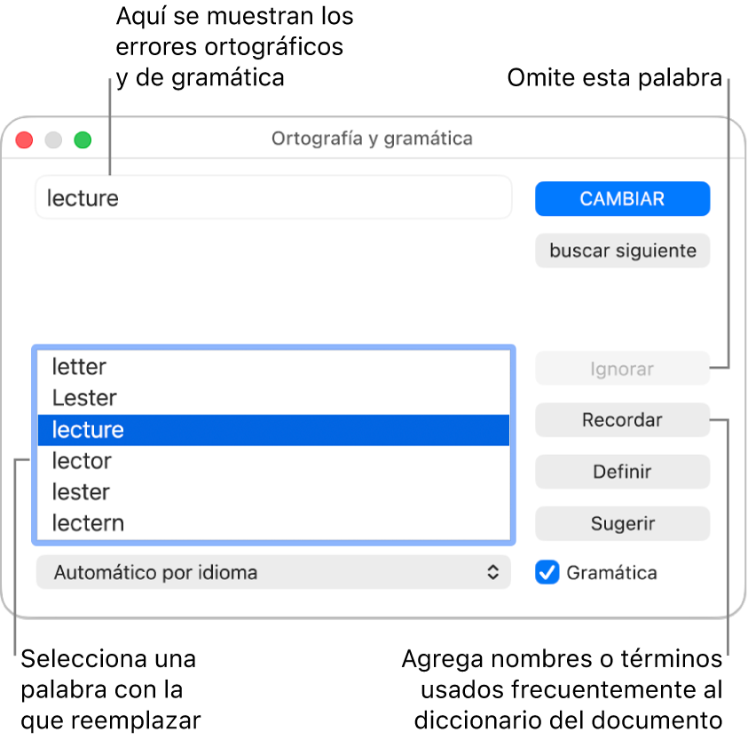 La ventana Ortografía y gramática.