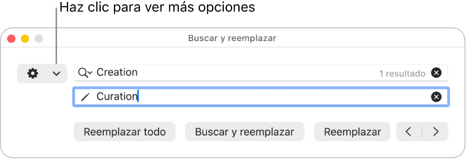 La ventana Buscar y reemplazar con un mensaje en el menú desplegable que muestra más opciones.