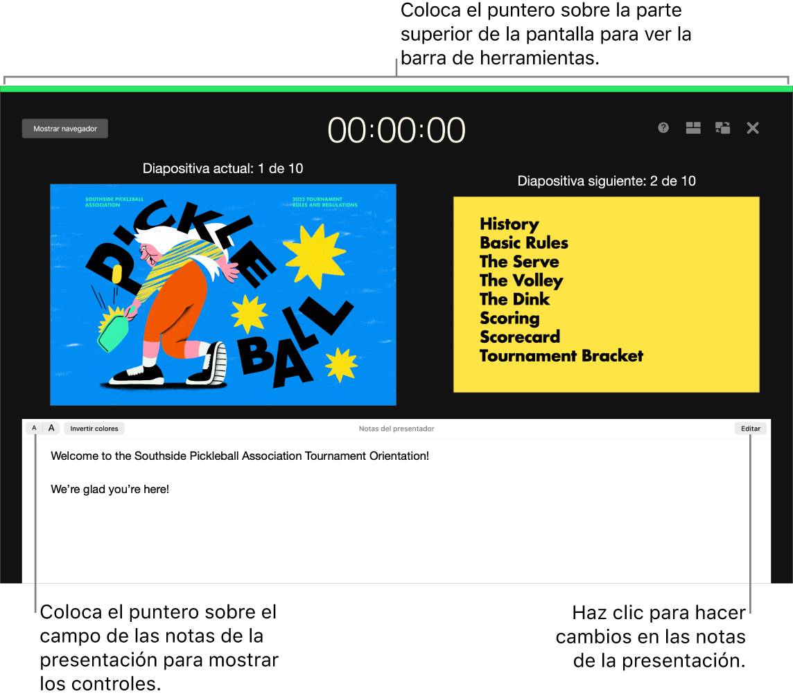 La pantalla del presentador de Keynote con botones para abrir y cerrar el navegador de diapositivas y las opciones de visualización a lo largo de la parte superior de la pantalla. La diapositiva actual y la siguiente aparecen en el centro de la pantalla, con el campo Notas del presentador en la parte inferior.