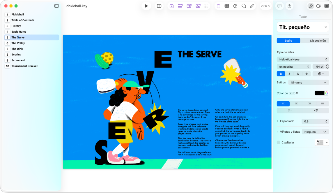 La visualización esquema mostrando un esquema de la presentación en la barra lateral izquierda, la diapositiva seleccionada al centro y la barra lateral Formato al lado derecho de la pantalla.