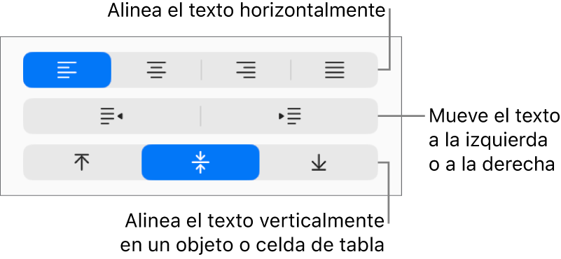 La sección Alineación de la barra lateral con botones para alinear el texto horizontalmente, mover el texto a izquierda o derecha y alinear el texto verticalmente.