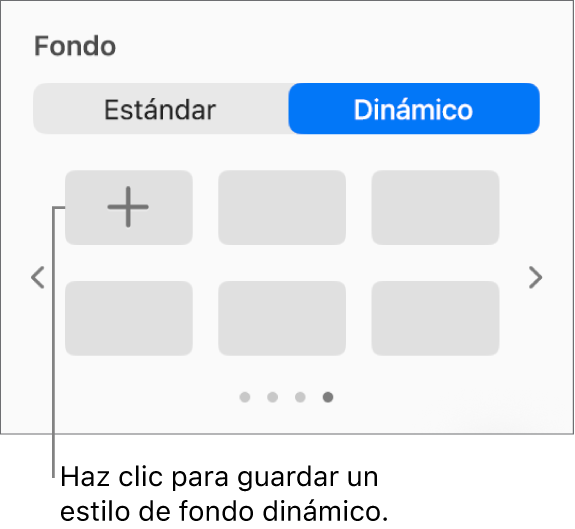 El botón Dinámico seleccionado en la sección Fondo de la barra lateral Formato con el botón Agregar estilo.