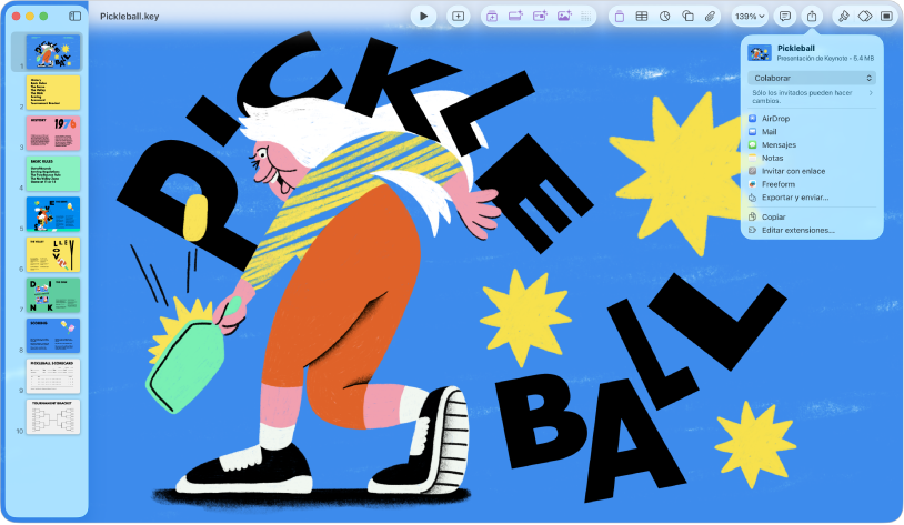 La ventana de Keynote con el menú Compartir abierto desde la barra de herramientas.