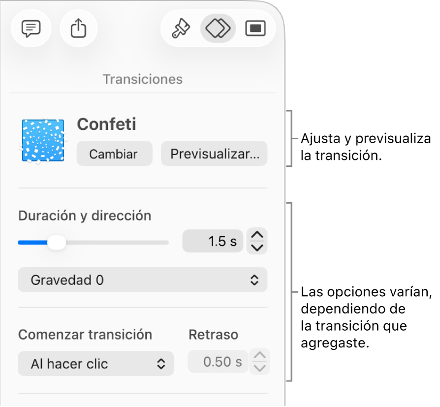 Controles de transiciones en la sección Transiciones de la barra lateral.