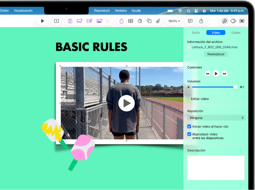 Los controles Formato en el lado derecho de la pantalla para cambiar el tamaño y la apariencia del video seleccionado. Los botones Estilo, Video y Orden se sitúan a lo largo de la parte superior de los controles de formato.