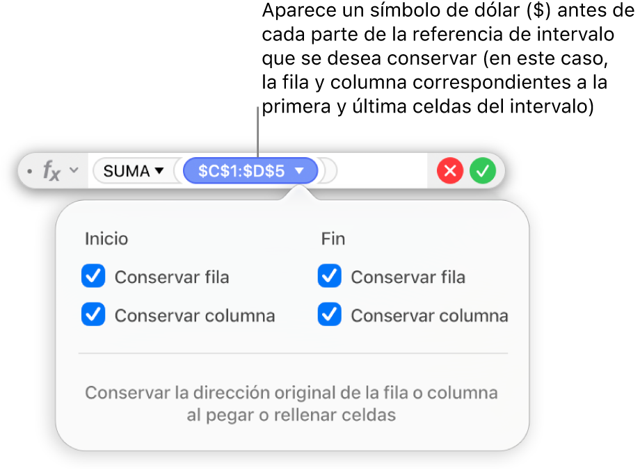 El editor de fórmulas mostrando las opciones Conservar fila y Conservar columna para un rango específico.