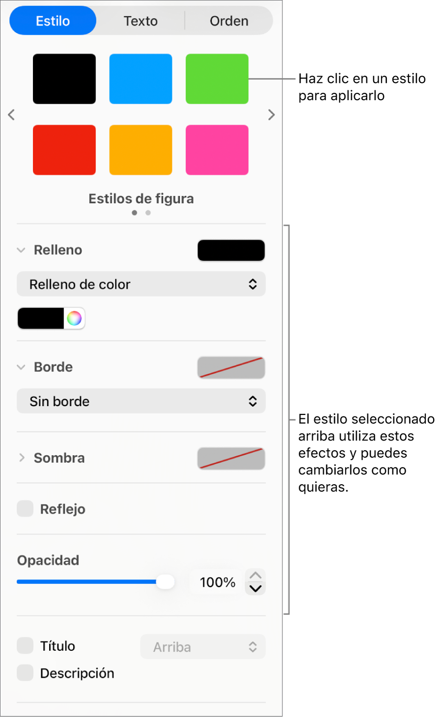 Estilos y opciones de figura en la sección Formato de la barra lateral.
