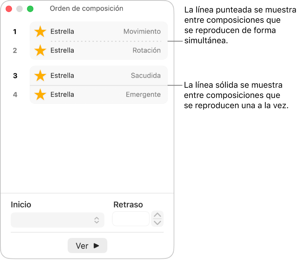 El menú Orden de composición, con una línea de puntos entre las composiciones que se reproducirán simultáneamente y una línea sólida entre las composiciones que se reproducen en orden secuencial.