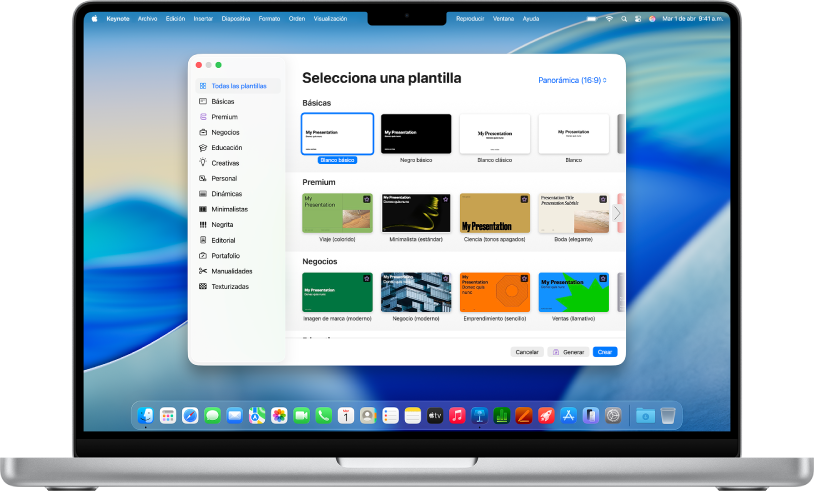 Una MacBook Pro mostrando la pantalla del selector de plantillas de Keynote. La categoría Todas las plantillas se selecciona a la izquierda y las plantillas prediseñadas aparecen en filas y organizadas por categoría a la derecha. El menú desplegable Idioma y región se encuentra en la esquina inferior izquierda, y el menú desplegable Estándar y Ancho se encuentra en la esquina superior derecha.