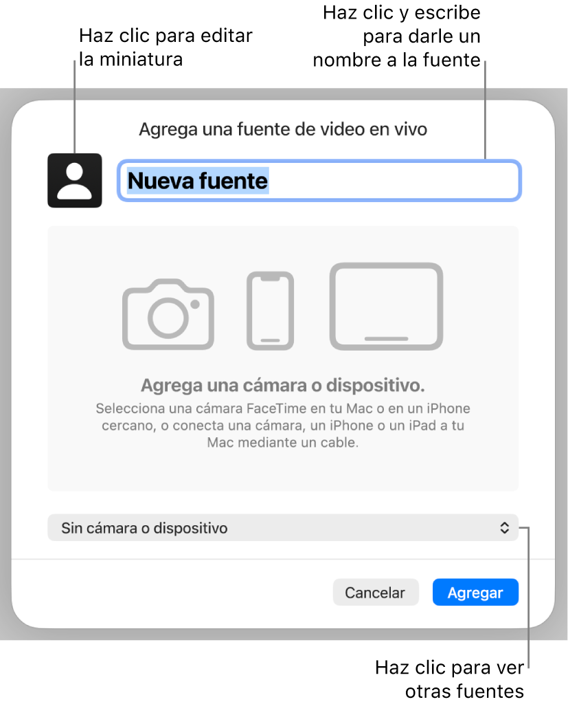 La ventana Agrega una fuente de video en vivo con controles para cambiar el nombre de la fuente y agregar una miniatura en la parte superior, y para seleccionar otras fuentes en la parte inferior.