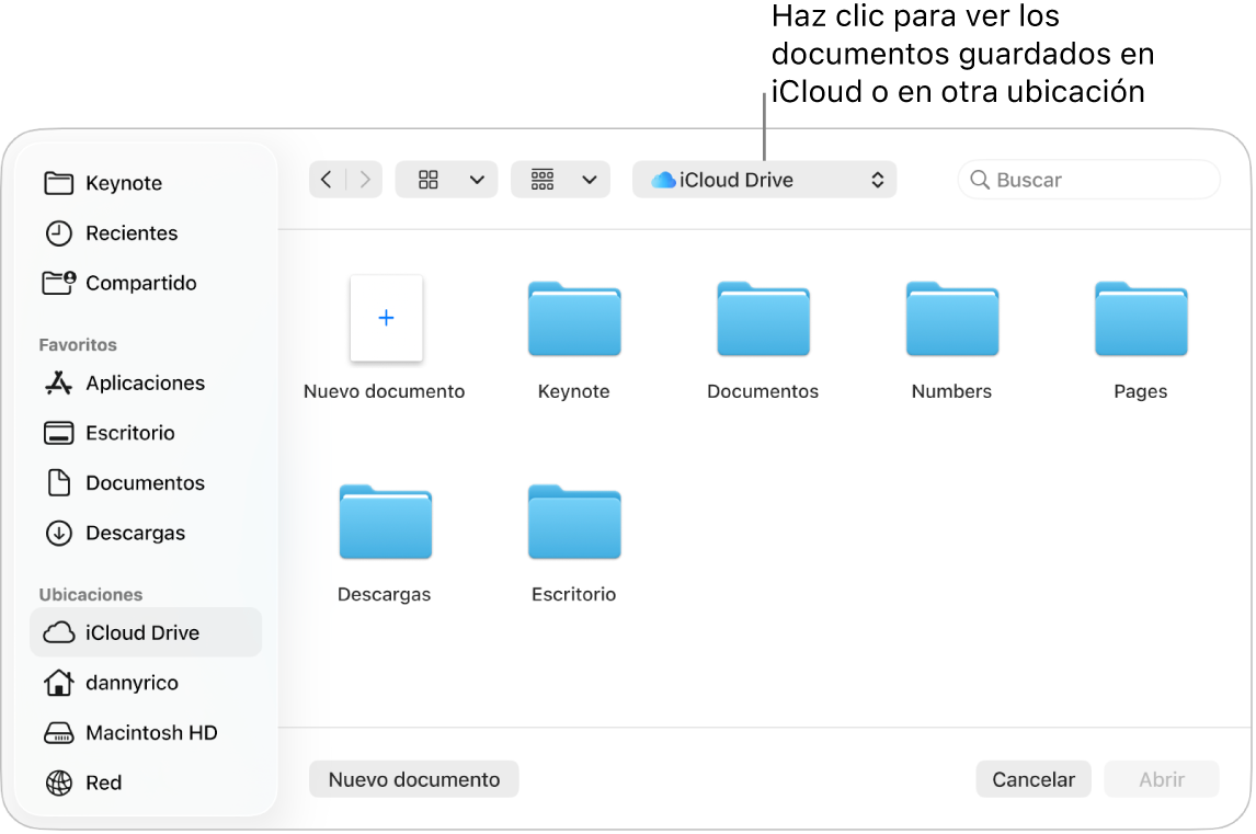 El cuadro de diálogo Abrir con la barra lateral abierta a la izquierda y con iCloud Drive seleccionado en el menú desplegable de la parte superior. Las carpetas de Keynote, Numbers y Pages aparecen en el cuadro de diálogo, junto con el botón Nuevo documento.