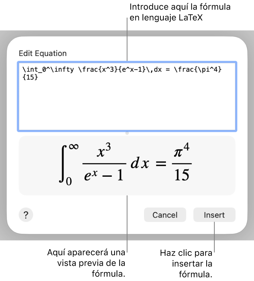 La fórmula cuadrática escrita con LaTeX en el campo de ecuación y la previsualización de la fórmula a continuación.