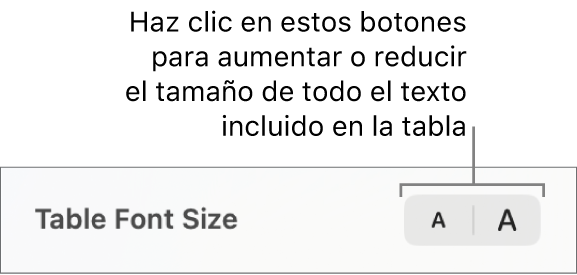 Controles de la barra lateral para cambiar el tamaño de letra de la tabla.