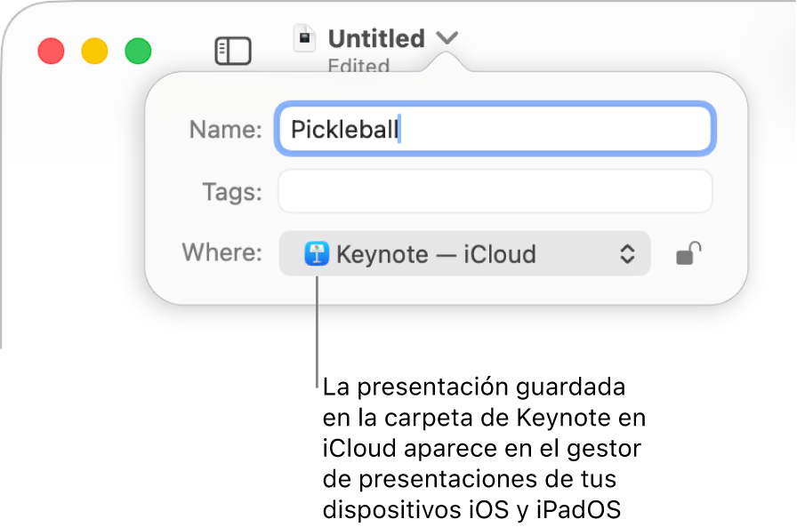 El cuadro de diálogo Guardar de una presentación abierta con “Keynote — iCloud” se encuentra en el menú desplegable Dónde.