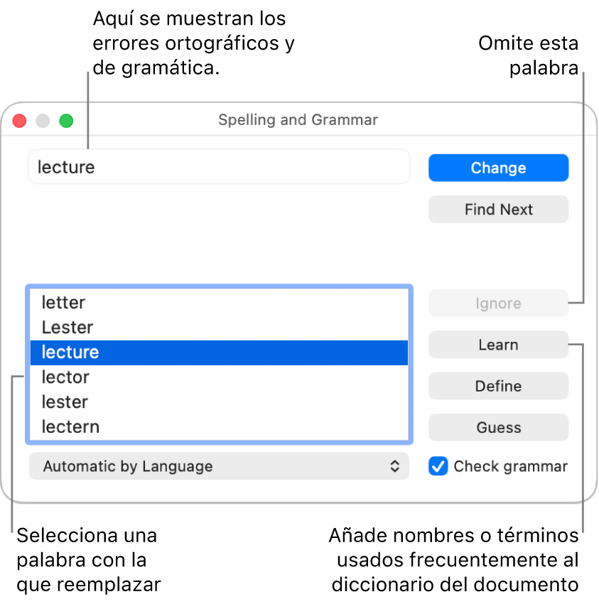 La ventana “Ortografía y gramática”.