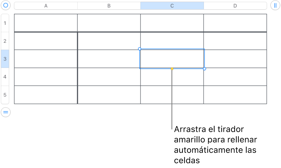 Una celda seleccionada con un tirador amarillo que puedes arrastrar para autorrellenar celdas.