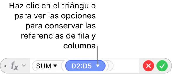El editor de fórmulas con un triángulo en el que haces clic para abrir las opciones para conservar las referencias de fila y columna.