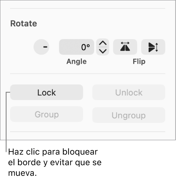 Controles de Girar, Bloquear y “Agrupar objeto” con el botón Bloquear señalado.