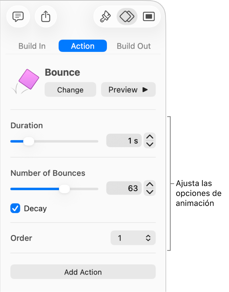 Controles de Acción en la sección Animación de la barra lateral.