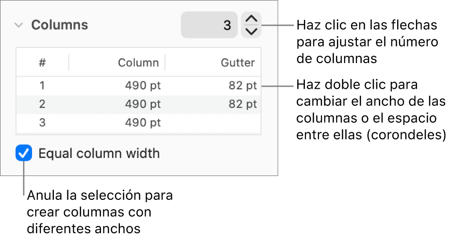 Controles de la sección de columnas para cambiar el número de columnas y la anchura de cada columna.