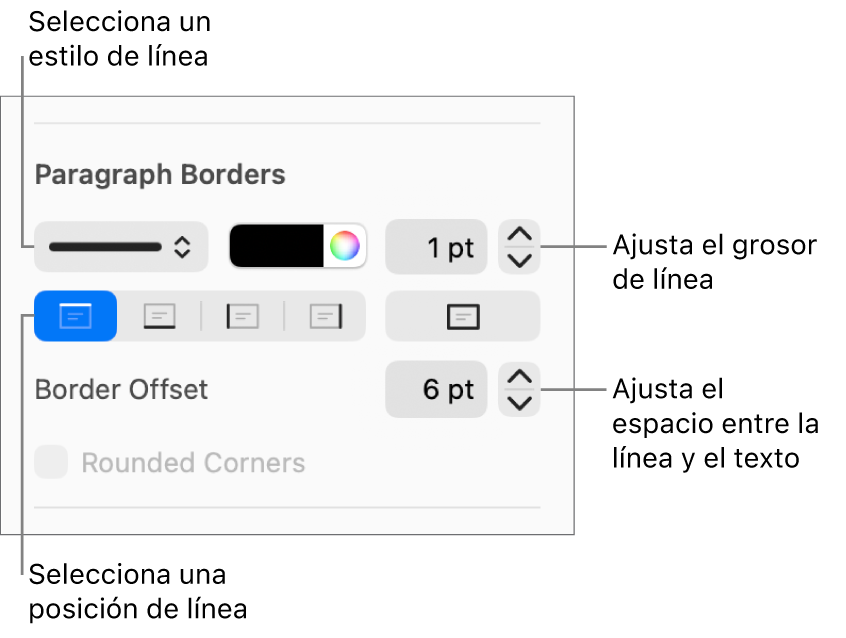 Controles para cambiar el estilo de línea, grosor, posición y color.