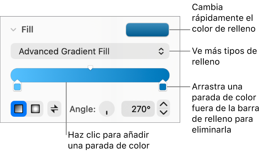 Controles para rellenar objetos con colores.