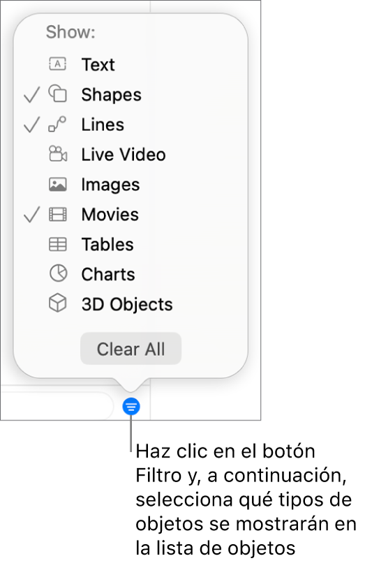 El menú desplegable Filtrar abierto, con una lista de los tipos de objeto que puedes incluir la lista (texto, formas, líneas, imágenes, vídeos, tablas y gráficas).