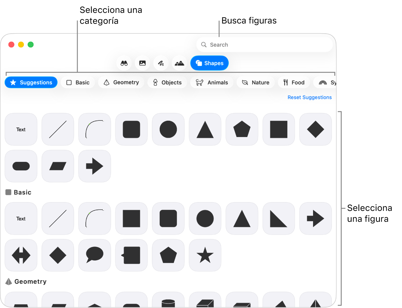 La biblioteca de figuras, con las categorías enumeradas a la izquierda y las figuras mostradas a la derecha. Puedes usar el campo de búsqueda de la parte superior para buscar figuras o desplazarte para ver más.