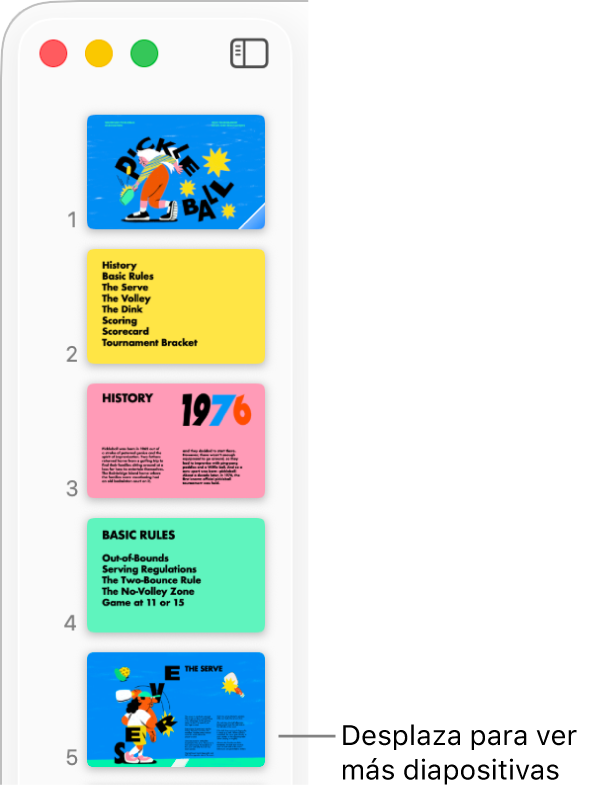 El navegador de diapositivas mostrando cinco diapositivas en vertical y con orden secuencial, con la opción de desplazarse hacia abajo para ver más diapositivas.