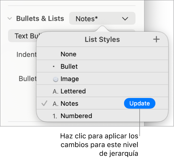 El menú desplegable “Estilos de lista” con el botón Actualizar junto al nombre del nuevo estilo.