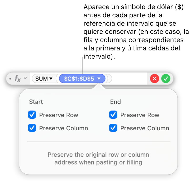El editor de fórmulas con las opciones “Conservar fila” y “Conservar columna” seleccionadas para un intervalo determinado.
