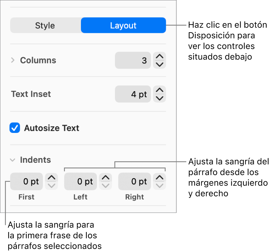La sección Disposición de la barra lateral Formato con controles para ajustar la sangría de la primera línea y los márgenes de párrafo.