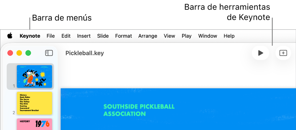 La barra de menús situada en la parte superior de la pantalla con los menús Apple, Keynote, Archivo, Edición, Insertar, Formato, Disposición, Visualización, Reproducir, Compartir, Ventana y Ayuda. Debajo de la barra de menús hay una presentación abierta de Keynote con los botones Visualización, Zoom, “Añadir diapositiva”, Reproducir, Tabla, Gráfica, Texto, Figura y Multimedia de la barra de herramientas por la parte superior.