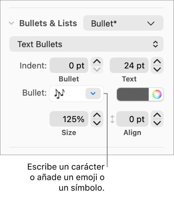 La sección de viñetas y listas de la barra lateral Formato. El campo Viñeta muestra un emoji de una flor.