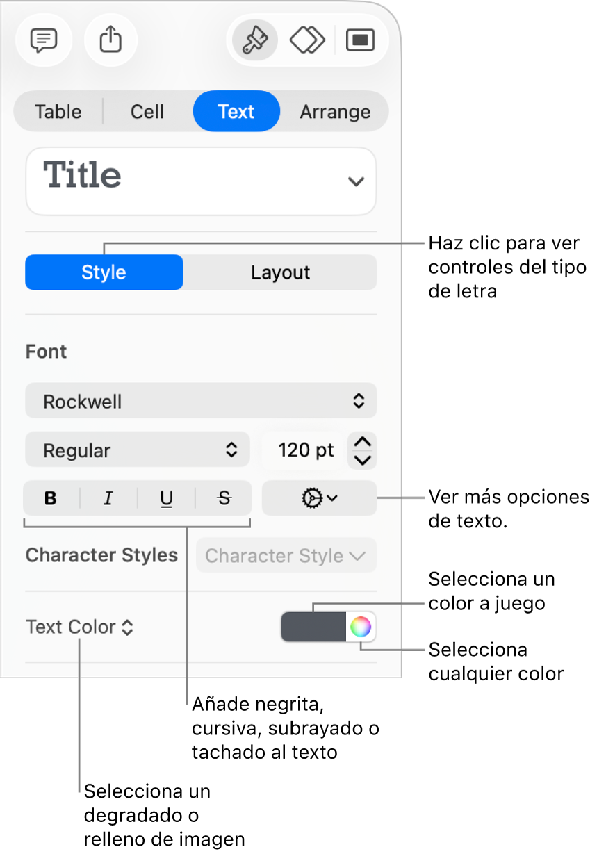 Los controles para aplicar un estilo a texto de la tabla.