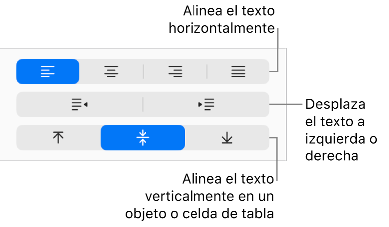 La sección Alineación de la barra lateral con botones para alinear el texto horizontalmente, mover el texto a izquierda o derecha y alinear el texto verticalmente.