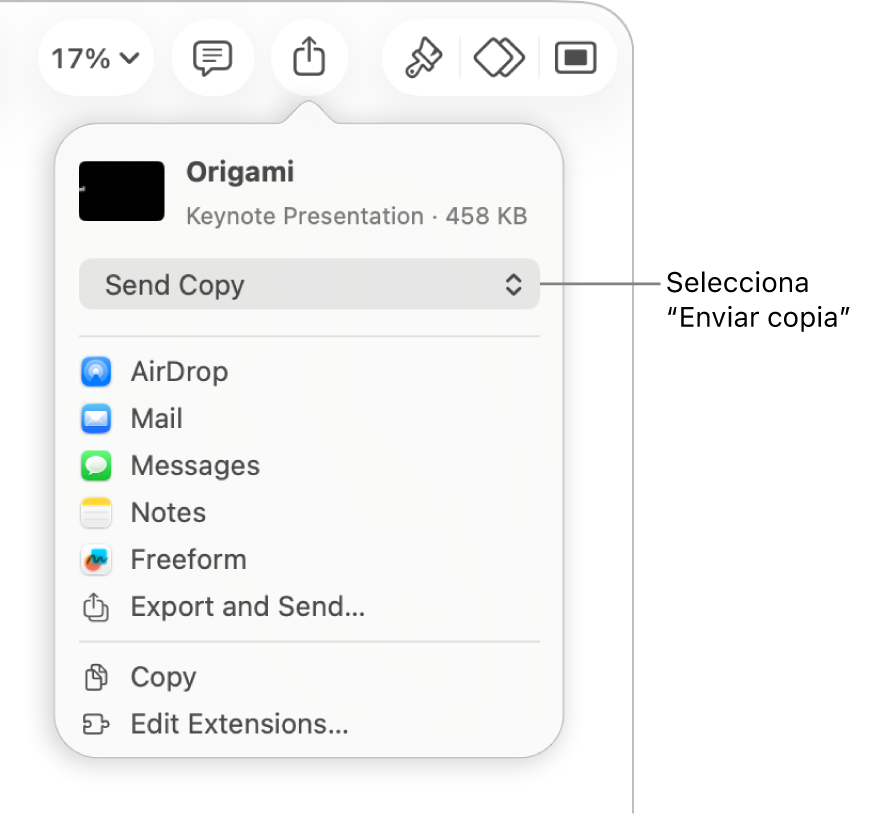 El menú Compartir con la opción “Enviar copia” seleccionada en la parte superior.