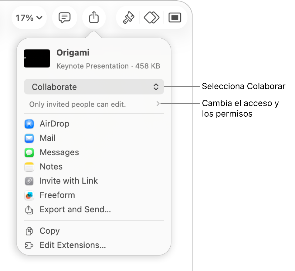 El menú Compartir con la opción Colaborar seleccionada en la parte superior y los ajustes de acceso y permisos debajo.