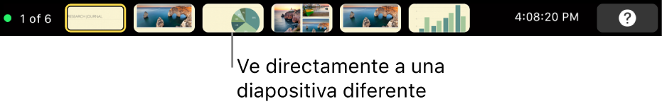 La Touch Bar del MacBook Pro con controles de presentación para salir de la presentación, ir a diapositivas diferentes y cambiar la pantalla del presentador.