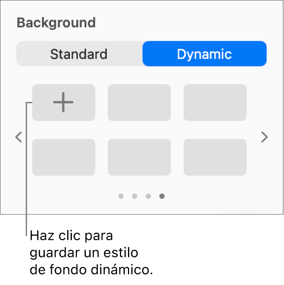 El botón Dinámico seleccionado en la sección Fondo de la barra lateral Formato con el botón «Añadir estilo» a la vista.