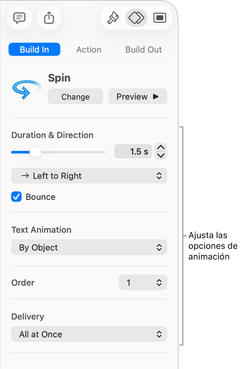 Opciones de Entrada en la sección Animación de la barra lateral.