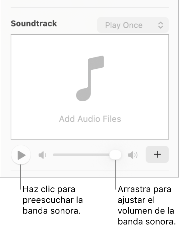 Controles de “Banda sonora” con el botón Reproducir y el regulador de volumen señalados.
