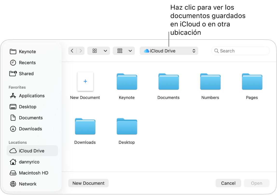 El cuadro de diálogo Abrir con la barra lateral abierta a la izquierda y iCloud Drive seleccionado en el menú desplegable en la parte superior. En el cuadro de diálogo aparecen carpetas para Keynote, Numbers y Pages, junto con un botón “Nuevo documento”.