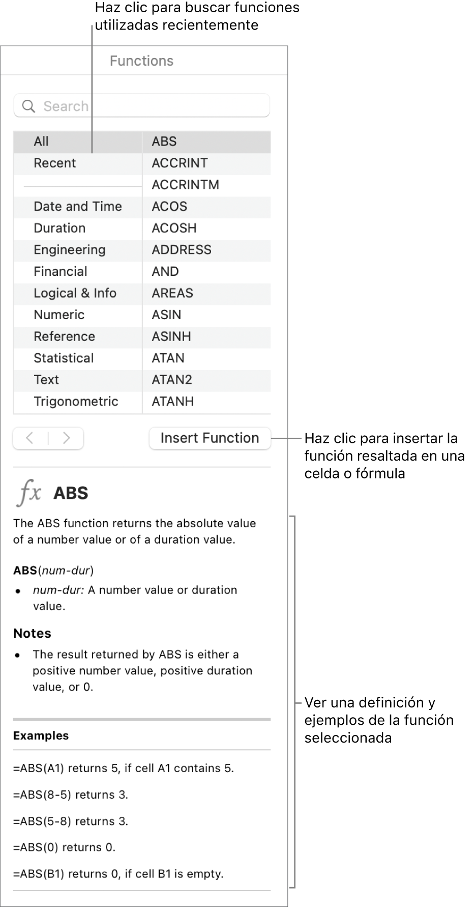 El explorador de funciones con llamadas a funciones utilizadas recientemente, el botón “Insertar función” y la definición de la función.