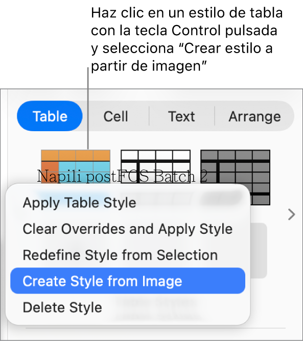 El menú de funciones rápidas de estilo de tabla.