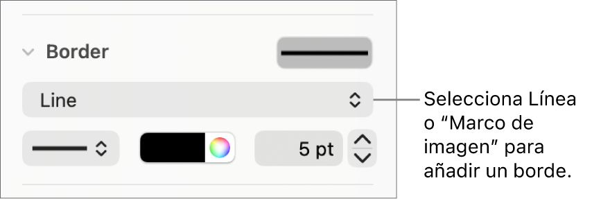 Controles de “Estilo del borde” en la barra lateral Formato con la opción Línea seleccionada como tipo de borde.
