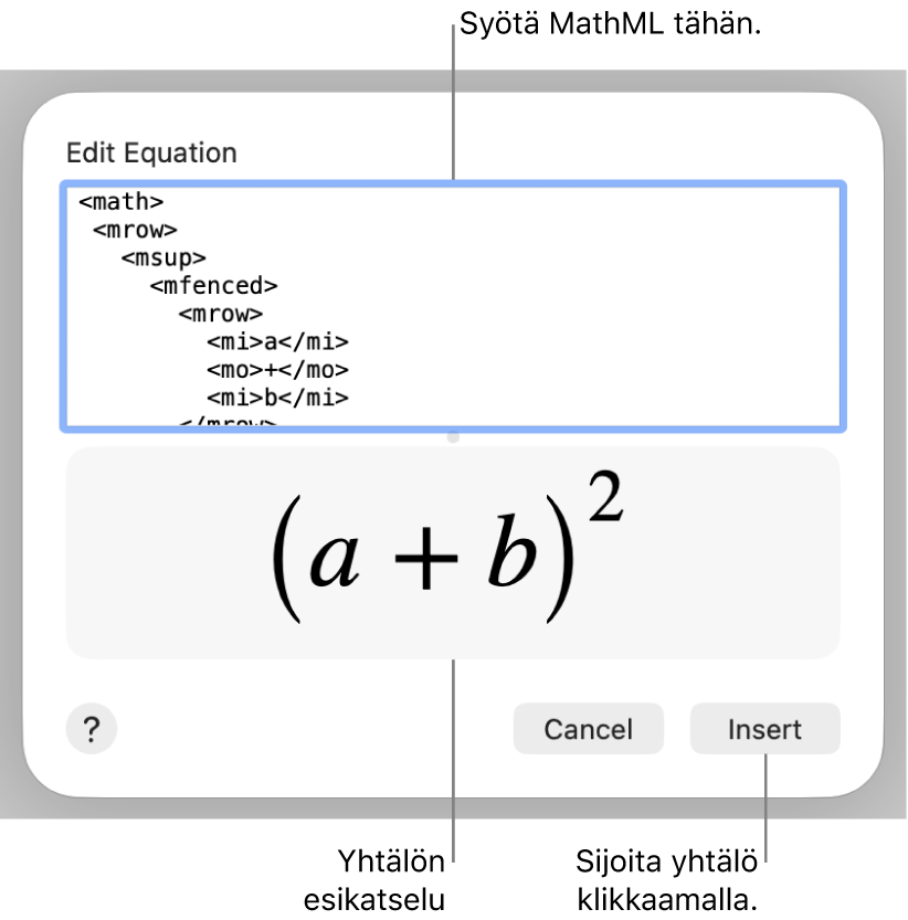 Muokkaa yhtälöä -kentässä on suoran kulmakertoimen yhtälö ja alla kaavan esikatselu.