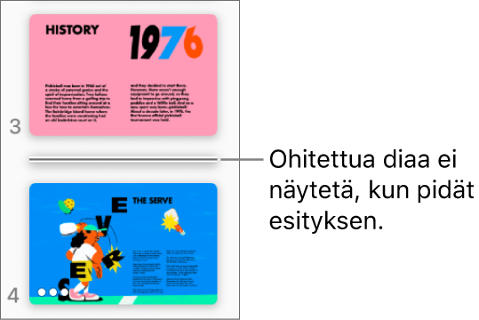 Diojen rakennenäkymä, jossa näkyy ohitettu dia vaakasuorana viivana.